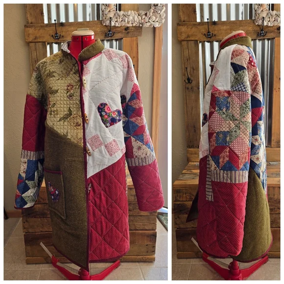 Upcycled Vtg Quilt & Army Wool Blanket Coat M-L Handmade Dont Throw It Out - Picture 2 of 7